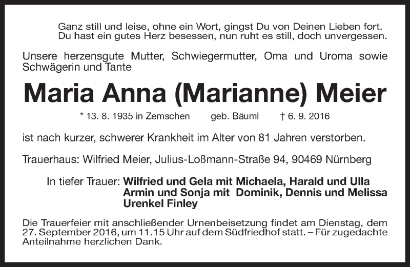  Traueranzeige für Maria Anna Meier  vom 24.09.2016 aus Gesamtausgabe Nürnberger Nachrichten/ Nürnberger Ztg.