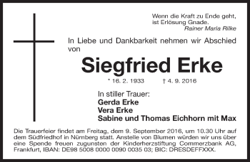 Traueranzeige von Siegfried Erke von Gesamtausgabe Nürnberger Nachrichten/ Nürnberger Ztg.