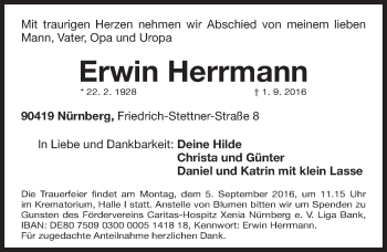 Traueranzeige von Erwin Herrmann von Gesamtausgabe Nürnberger Nachrichten/ Nürnberger Ztg.