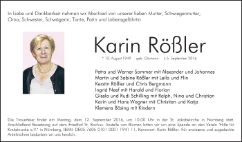 Traueranzeige von Karin Rößler von Gesamtausgabe Nürnberger Nachrichten/ Nürnberger Ztg.