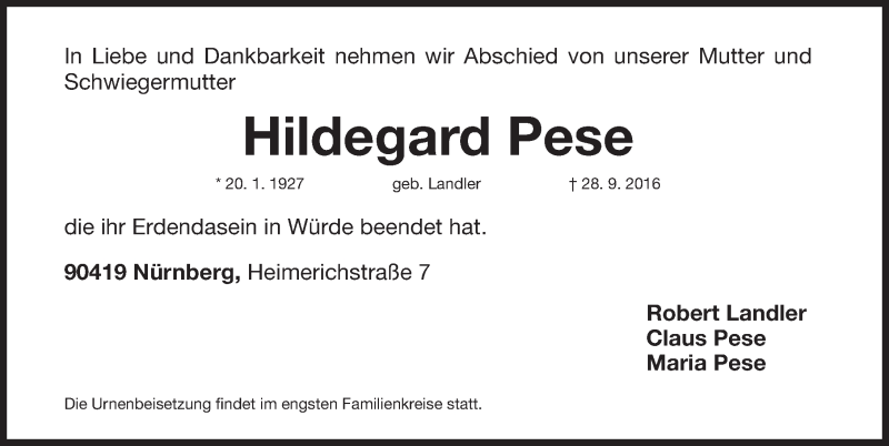  Traueranzeige für Hildegard Pese vom 01.10.2016 aus Gesamtausgabe Nürnberger Nachrichten/ Nürnberger Ztg.