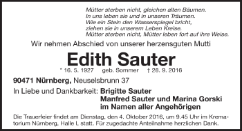 Traueranzeige von Edith Sauter von Gesamtausgabe Nürnberger Nachrichten/ Nürnberger Ztg.