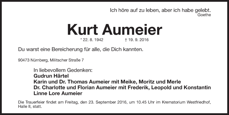  Traueranzeige für Kurt Aumeier vom 21.09.2016 aus Gesamtausgabe Nürnberger Nachrichten/ Nürnberger Ztg.
