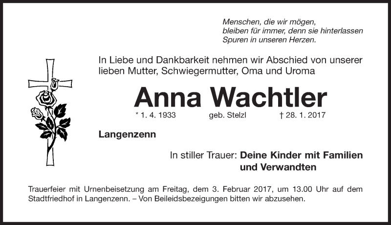  Traueranzeige für Anna Wachtler vom 01.02.2017 aus Fürther Nachrichten Lokal