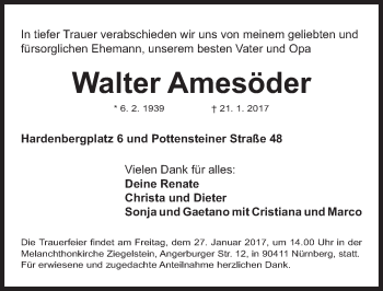 Traueranzeige von Walter Amesöder von Gesamtausgabe Nürnberger Nachrichten/ Nürnberger Ztg.