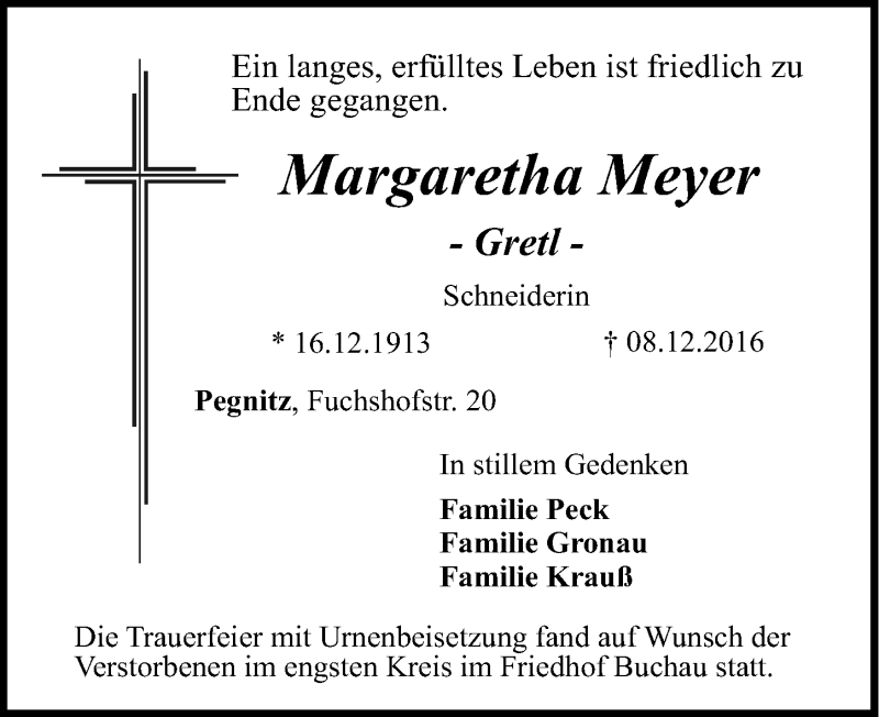  Traueranzeige für Margaretha Meyer vom 14.01.2017 aus Nordbayerische Nachrichten Pegnitz Lokal
