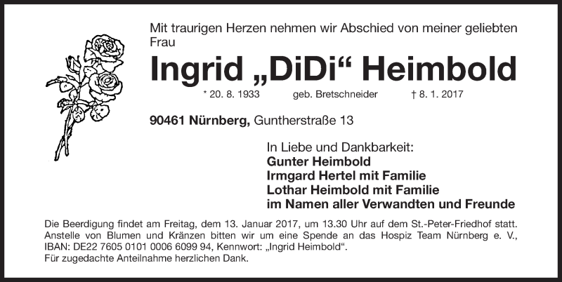  Traueranzeige für Ingrid Heimbold vom 11.01.2017 aus Gesamtausgabe Nürnberger Nachrichten/ Nürnberger Ztg.