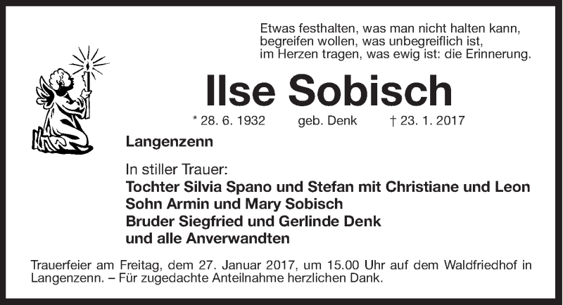  Traueranzeige für Ilse Sobisch vom 25.01.2017 aus Fürther Nachrichten Lokal