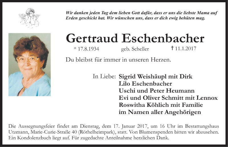  Traueranzeige für Gertraud Eschenbacher vom 13.01.2017 aus Erlanger Nachrichten Lokal