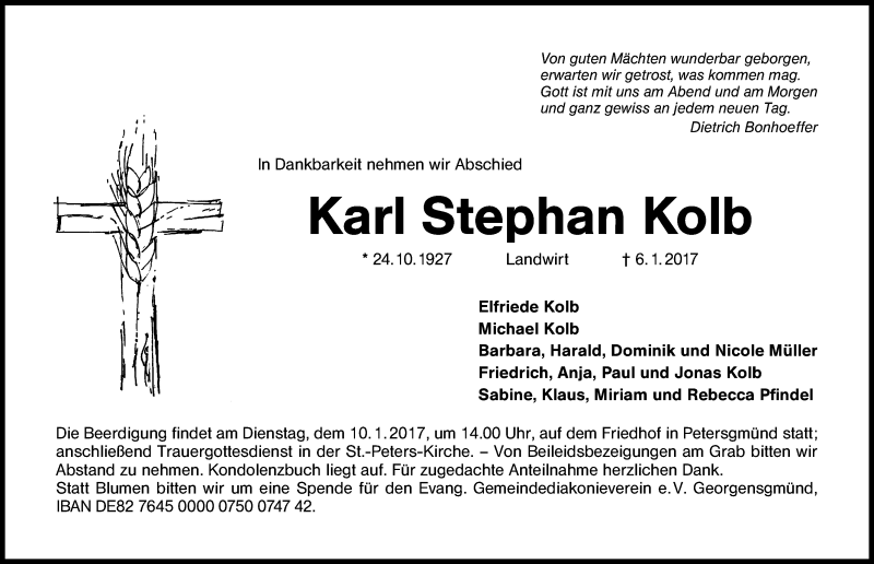  Traueranzeige für Karl Kolb vom 09.01.2017 aus Schwabach