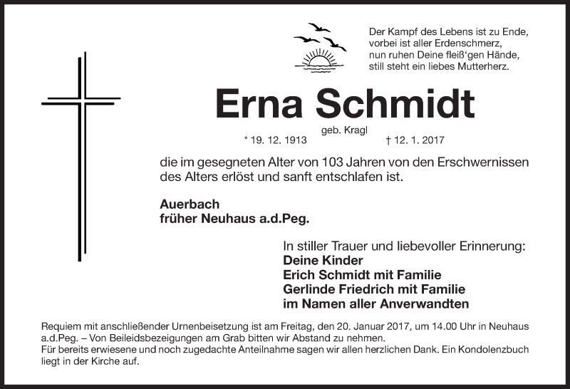  Traueranzeige für Erna Schmidt vom 17.01.2017 aus Nordbayerische Nachrichten Pegnitz Lokal