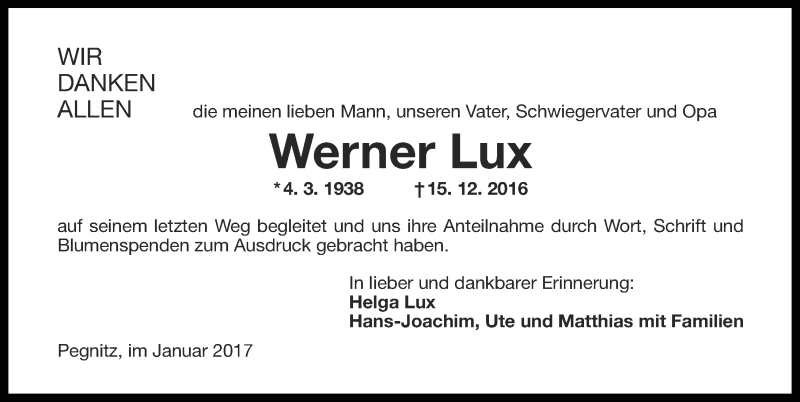  Traueranzeige für Werner Lux vom 06.01.2017 aus Nordbayerische Nachrichten Pegnitz Lokal