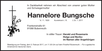 Traueranzeige von Hannelore Bungsche von Erlanger Nachrichten Lokal