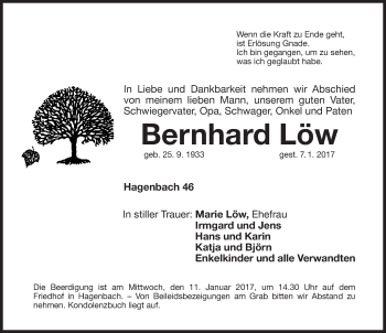 Traueranzeige von Bernhard Löw von Nordbayerische Nachrichten Forchheim Lokal