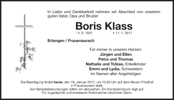 Traueranzeige von Boris Klass von Erlanger Nachrichten Lokal