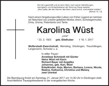 Traueranzeige von Karolina Wüst von Altmühl-Bote Lokal