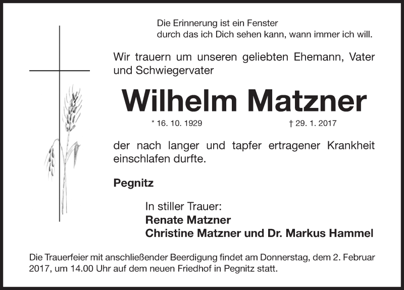  Traueranzeige für Wilhelm Matzner vom 01.02.2017 aus Nordbayerische Nachrichten Pegnitz Lokal