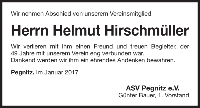  Traueranzeige für Helmut Hirschmüller vom 17.01.2017 aus Nordbayerische Nachrichten Pegnitz Lokal