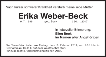 Traueranzeige von Erika Weber-Beck von Gesamtausgabe Nürnberger Nachrichten/ Nürnberger Ztg.