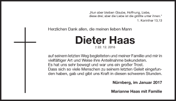 Traueranzeige von Dieter Haas von Gesamtausgabe Nürnberger Nachrichten/ Nürnberger Ztg.