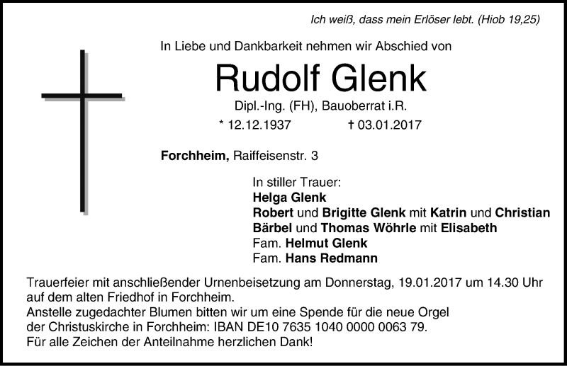  Traueranzeige für Rudolf Glenk vom 14.01.2017 aus Nordbayerische Nachrichten Forchheim Lokal