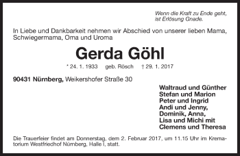 Traueranzeige von Gerda Göhl von Gesamtausgabe Nürnberger Nachrichten/ Nürnberger Ztg.