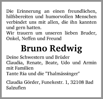 Traueranzeige von Bruno Redwig von Gesamtausgabe Nürnberger Nachrichten/ Nürnberger Ztg.