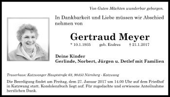 Traueranzeige von Gertraud Meyer von Gesamtausgabe Nürnberger Nachrichten/ Nürnberger Ztg.