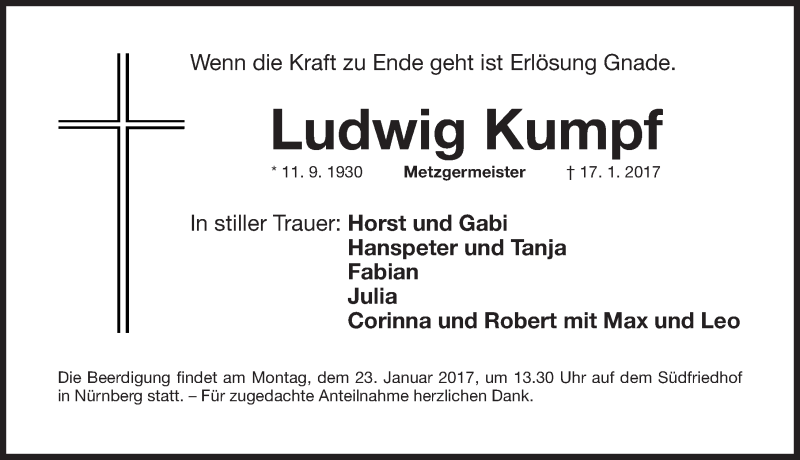  Traueranzeige für Ludwig Kumpf vom 19.01.2017 aus Gesamtausgabe Nürnberger Nachrichten/ Nürnberger Ztg.