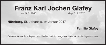 Traueranzeige von Franz Karl Jochen Glafey von Gesamtausgabe Nürnberger Nachrichten/ Nürnberger Ztg.