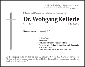 Traueranzeige von Wolfgang Ketterle von Altmühl-Bote Lokal