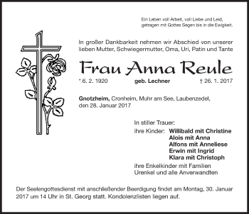Traueranzeige von Anna Reule von Altmühl-Bote Lokal
