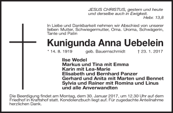 Traueranzeige von Kunigunda Anna Uebelein von Gesamtausgabe Nürnberger Nachrichten/ Nürnberger Ztg.