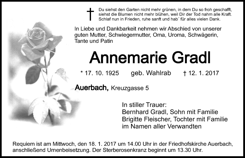  Traueranzeige für Annemarie Gradl vom 16.01.2017 aus Nordbayerische Nachrichten Pegnitz Lokal