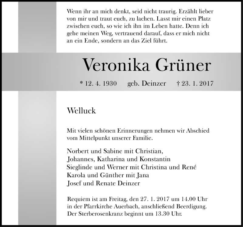  Traueranzeige für Veronika Grüner vom 25.01.2017 aus Nordbayerische Nachrichten Pegnitz Lokal