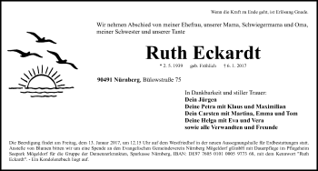 Traueranzeige von Ruth Eckardt von Gesamtausgabe Nürnberger Nachrichten/ Nürnberger Ztg.