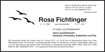 Traueranzeige von Rosa Fichtinger von Gesamtausgabe Nürnberger Nachrichten/ Nürnberger Ztg.