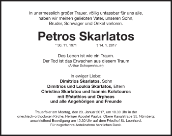 Traueranzeige von Petros Skarlatos von Gesamtausgabe Nürnberger Nachrichten/ Nürnberger Ztg.