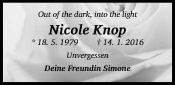 Traueranzeige von Nicole Knop von Gesamtausgabe Nürnberger Nachrichten/ Nürnberger Ztg.