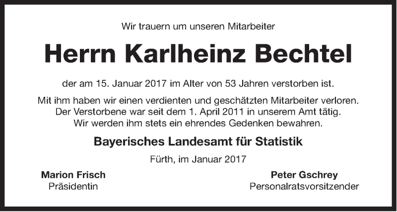  Traueranzeige für Karlheinz Bechtel vom 27.01.2017 aus Gesamtausgabe Nürnberger Nachrichten/ Nürnberger Ztg.
