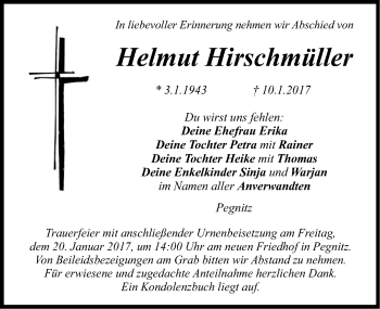 Traueranzeige von Helmut Hirschmüller von Nordbayerische Nachrichten Pegnitz Lokal
