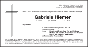 Traueranzeige von Gabriele Hiemer von Roth-Hilpoltsteiner Volkszeitung Lokal