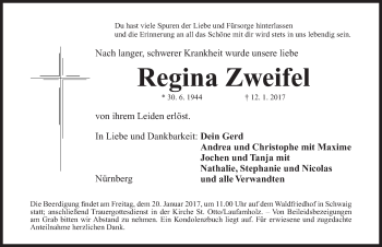 Traueranzeige von Regina Zweifel von Gesamtausgabe Nürnberger Nachrichten/ Nürnberger Ztg.
