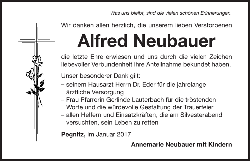  Traueranzeige für Alfred Neubauer vom 14.01.2017 aus Nordbayerische Nachrichten Pegnitz Lokal