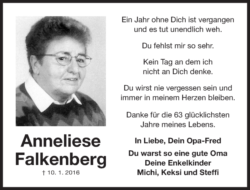  Traueranzeige für Anneliese Falkenberg vom 10.01.2017 aus Gesamtausgabe Nürnberger Nachrichten/ Nürnberger Ztg.