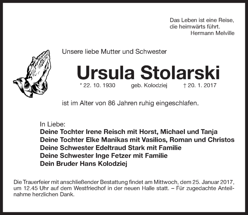  Traueranzeige für Ursula Stolarski vom 23.01.2017 aus Gesamtausgabe Nürnberger Nachrichten/ Nürnberger Ztg.