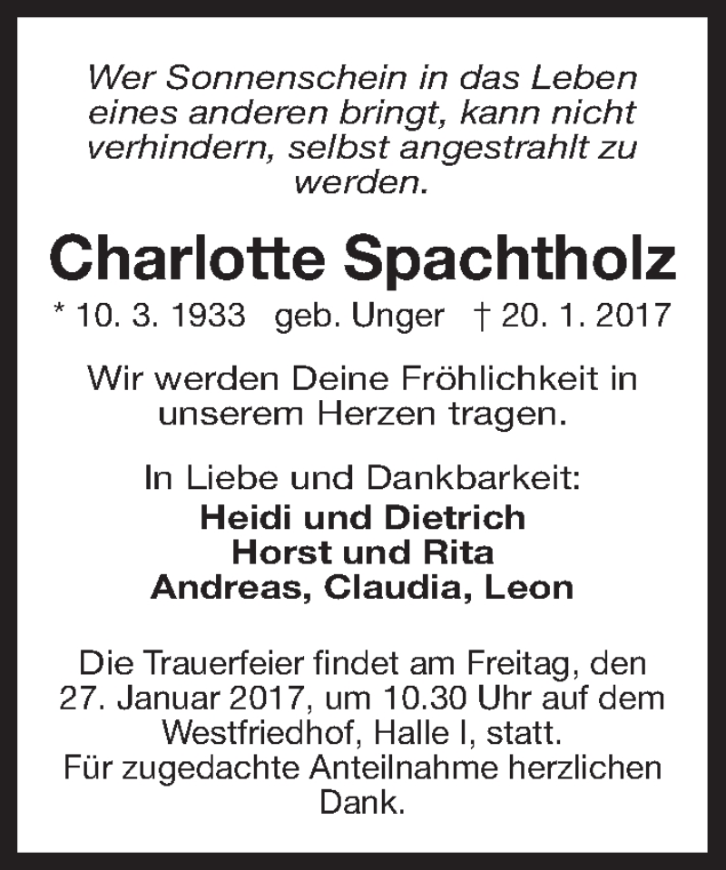  Traueranzeige für Charlotte Spachtholz vom 25.01.2017 aus Gesamtausgabe Nürnberger Nachrichten/ Nürnberger Ztg.