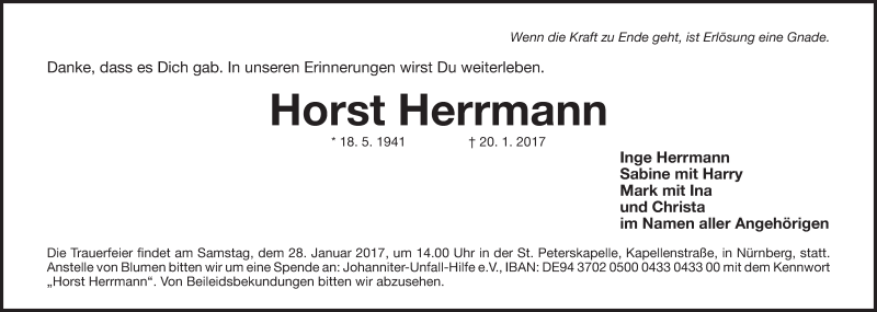  Traueranzeige für Horst Herrmann vom 25.01.2017 aus Gesamtausgabe Nürnberger Nachrichten/ Nürnberger Ztg.
