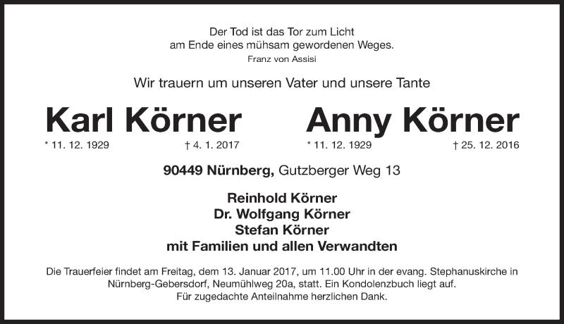  Traueranzeige für Anny Körner vom 09.01.2017 aus Gesamtausgabe Nürnberger Nachrichten/ Nürnberger Ztg.