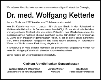 Traueranzeige von Wolfgang Ketterle von Altmühl-Bote Lokal